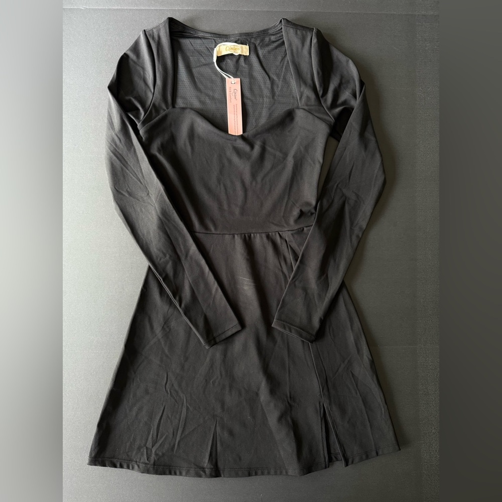 QINSEN Square Neck Bodice Dress Long Sleeve Side Slit Flare Mini